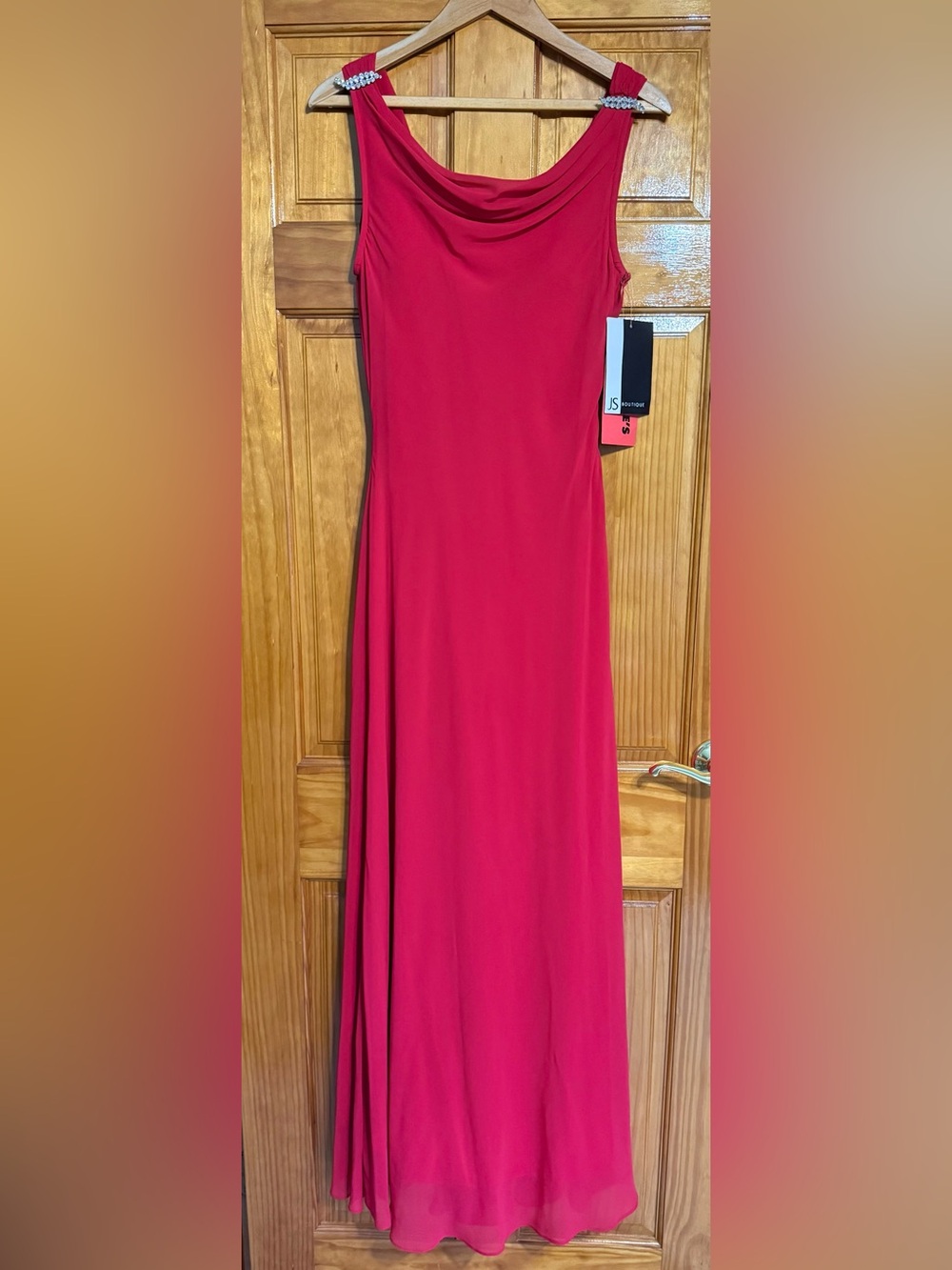 NWT JS Boutique Red Cowl Neck Maxi Gown Dress Rhinestone Shoulders